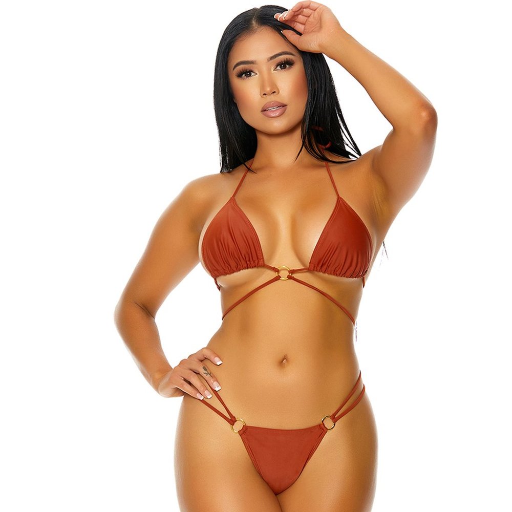 Strappy Wraparound Halter Bikini Set with O Rings - Rust